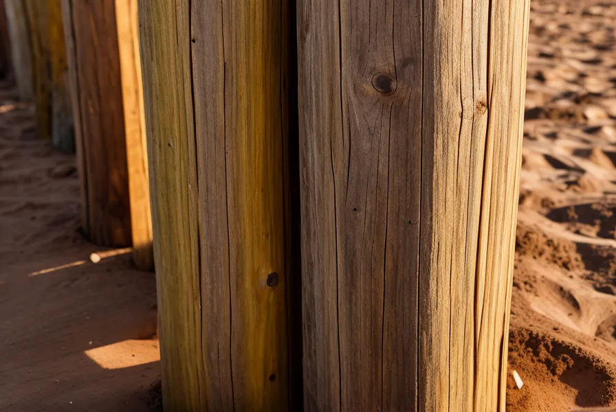 Setting a pressure-treated wooden post into red clay soil with a spirit level.