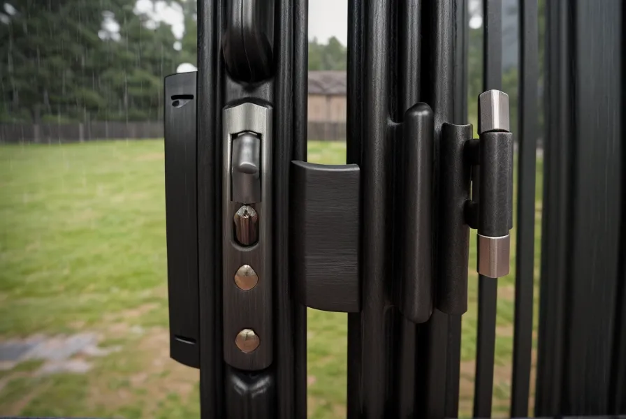 Close-up of a black metal gravity latch on a cedar trash can enclosure gate.